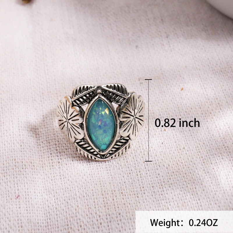 Europe and America Woman Fashion Vintage Silver Bohemian Jewelry Natural Opal Carved Ring Engagement Party Wedding