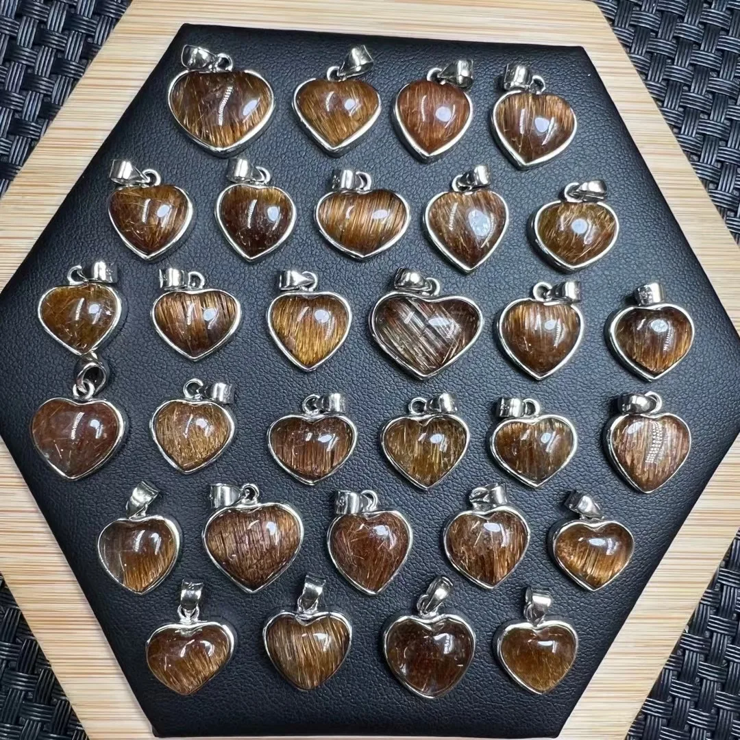 1Pc Fengbaowu Natural Copper Rutilated Quartz Pendant Heart 925 Sterling Silver Reiki Healing Stone Jewelry Gift Women