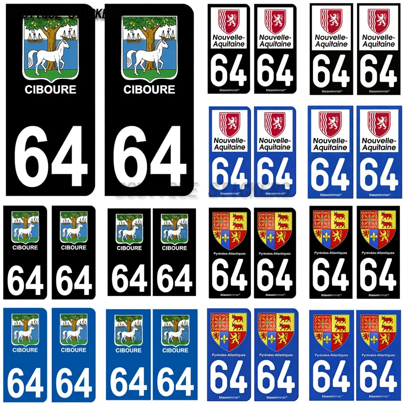 

2Pcs Autocollant plaque d'immatriculation française noir bleu 64 Nouvelle-Aquitaine-Région-Pyrénées-Atlantiques-Ciboure Blason