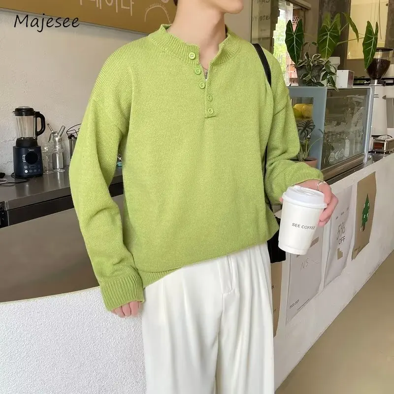 

Solid Sweaters Men Autumn Temperament Handsome Korean Commuting Style Daily Cozy Knitted Button Design Gentle Graceful Clothes