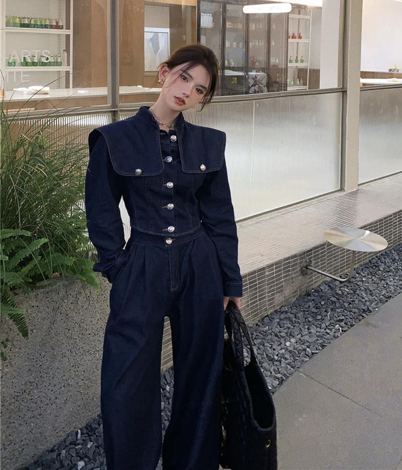 Vintage style denim suits jacket shirt women\'s 2023 spring new wide leg pants trousers two-piece sets Y3826