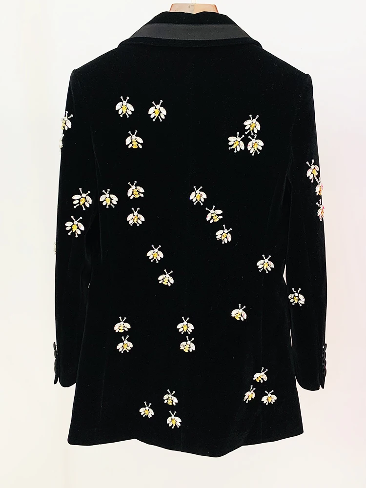 HIGH STREET Newest 2024 F/W Designer Jacket Women\'s Single Button Stunning Rhinestone Diamonds Beaded Bee Velvet Long Blazer