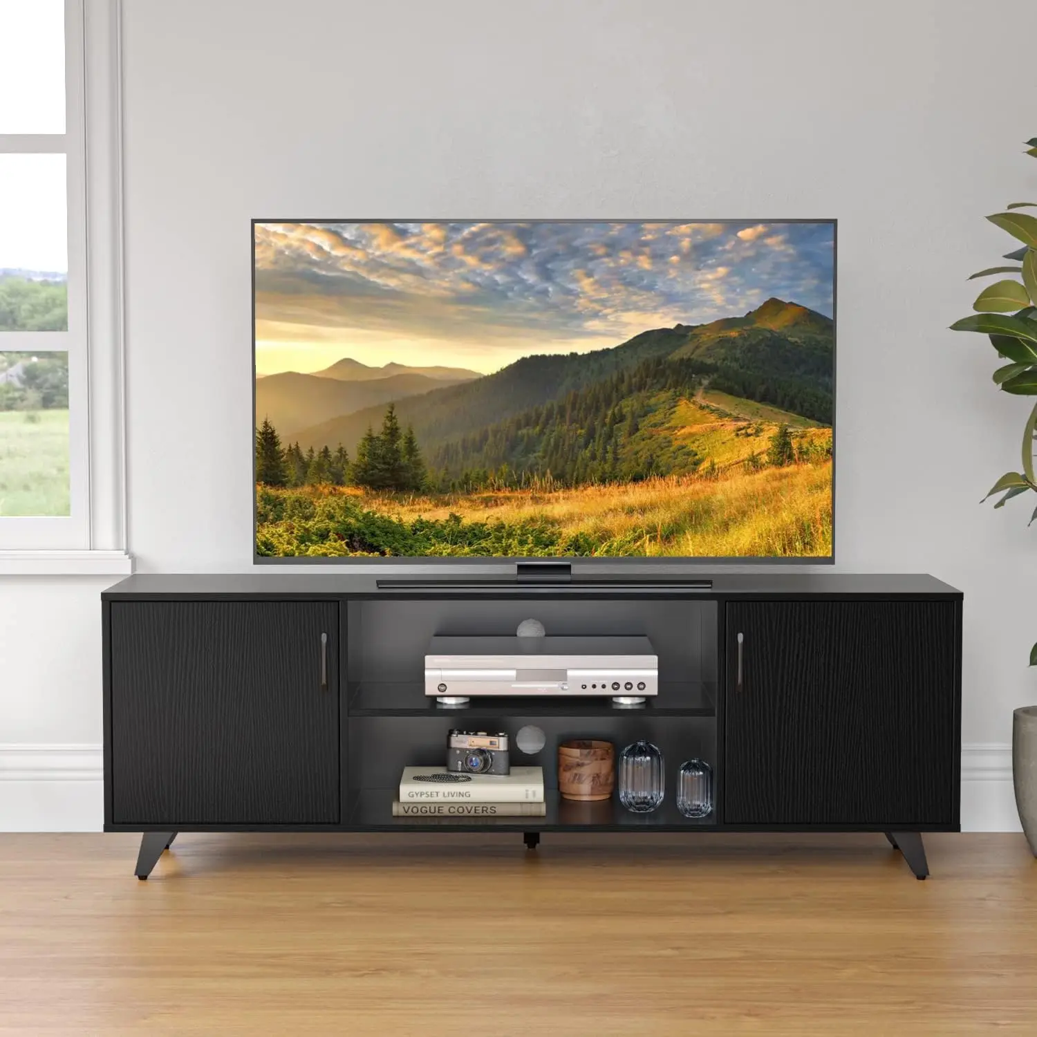 

Mid Century TV Stand Entertainment Center with 2 Doors, Wooden Media Console Table for Living Room Furniture, (Black)