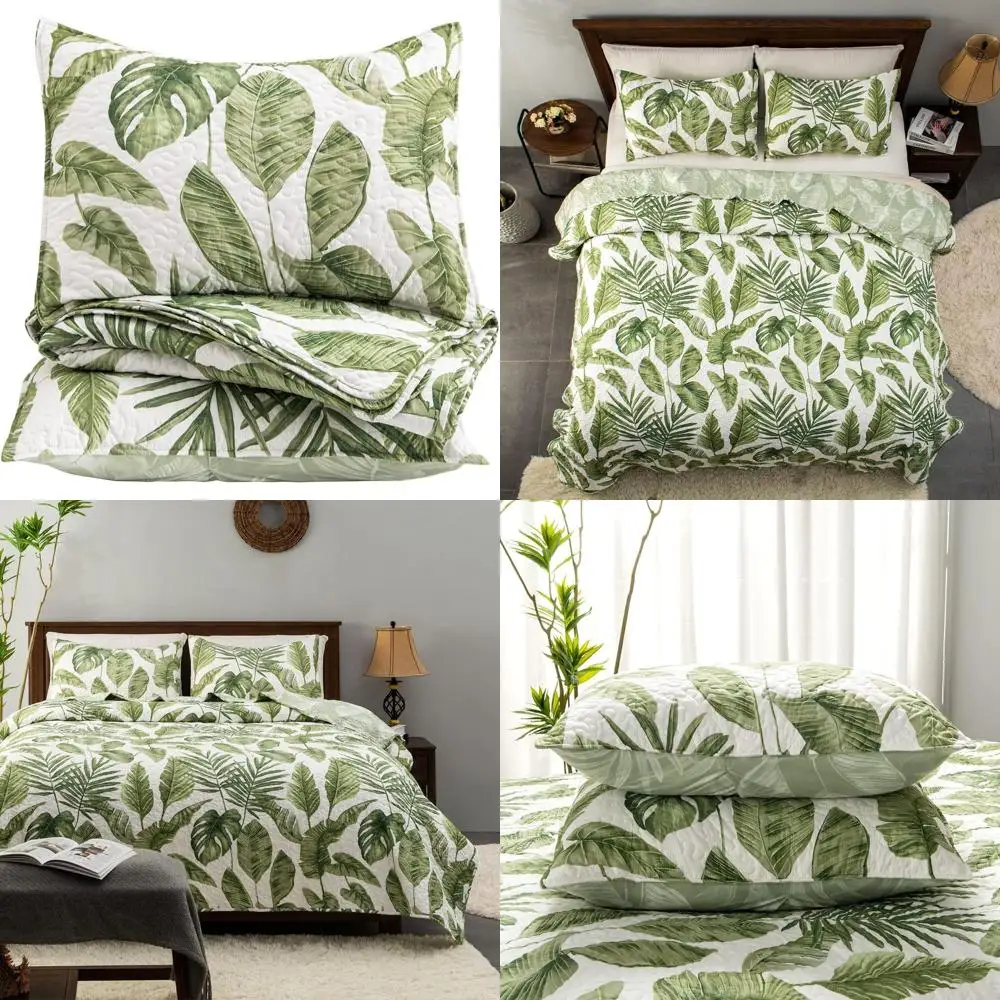

Reversible Twin Quilt Set with Green Palm Leaves, Tropical Rainforest Style, Lightweight for All Seasons