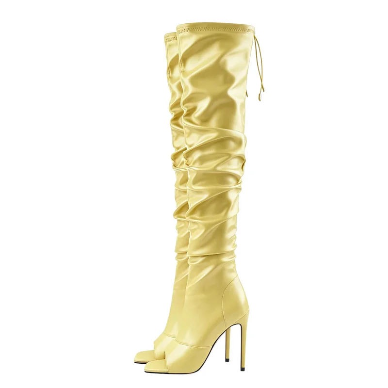 Onlymaker Women Peep Toe Black Matte Over The Knee Boots Concise