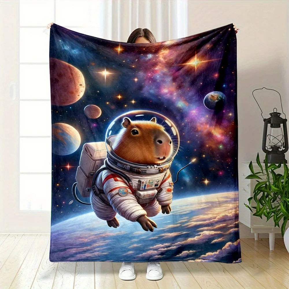 Cozy Space-Themed Capybara Flannel printed blanket suitable for all seasons suitable for living room office sofa and travel