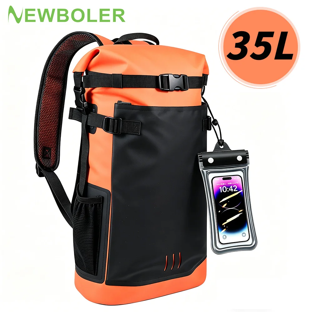 

NEWBOLER Waterproof Backpack Heavy Duty Hiking Backpack Roll-Top Closure Bag Cushioned Dry Bag Waterproof Phone Case