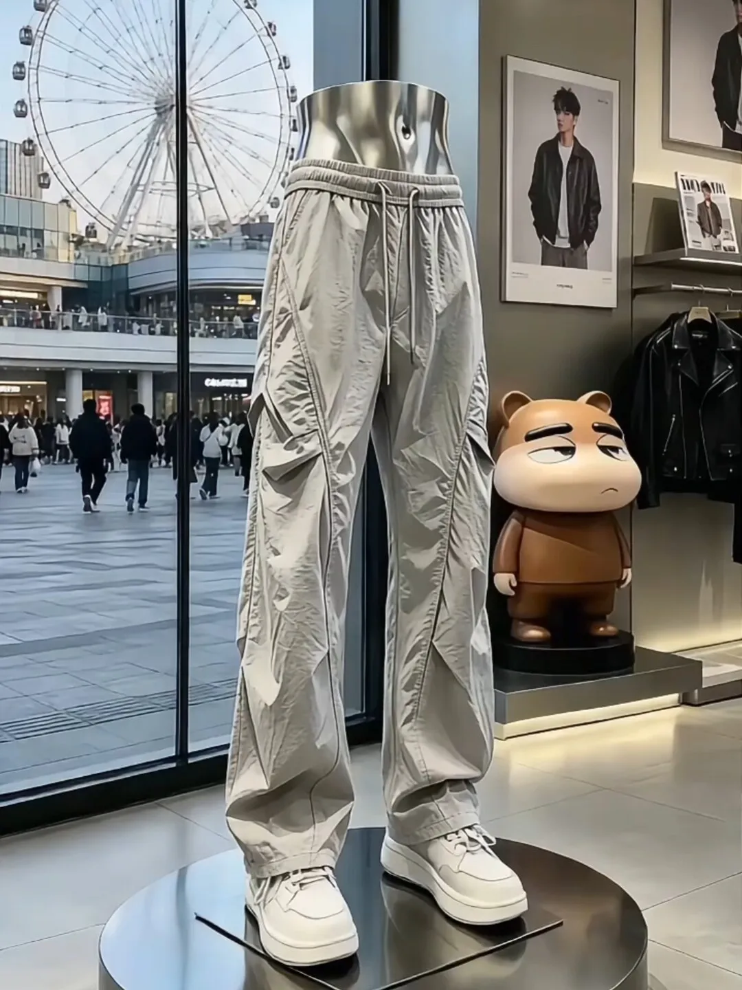 Light Grey Slant Cut Cool Sensation Quick Dry Cargo Pants Men's Thin Vibe Wind Pressed Workwear Paratrooper Wide Leg Pants