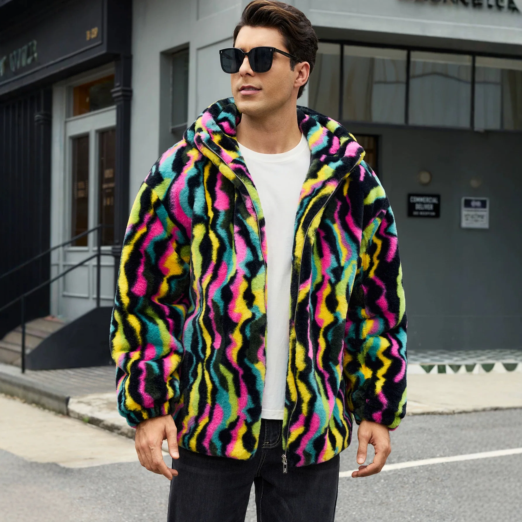 Men Faux Rabbit Fur Jackets Mixed Hooded Thick Warm Coat Full Sleeve Y2k Streetwear Work Casual Outerwear 2026 Autumn Winter