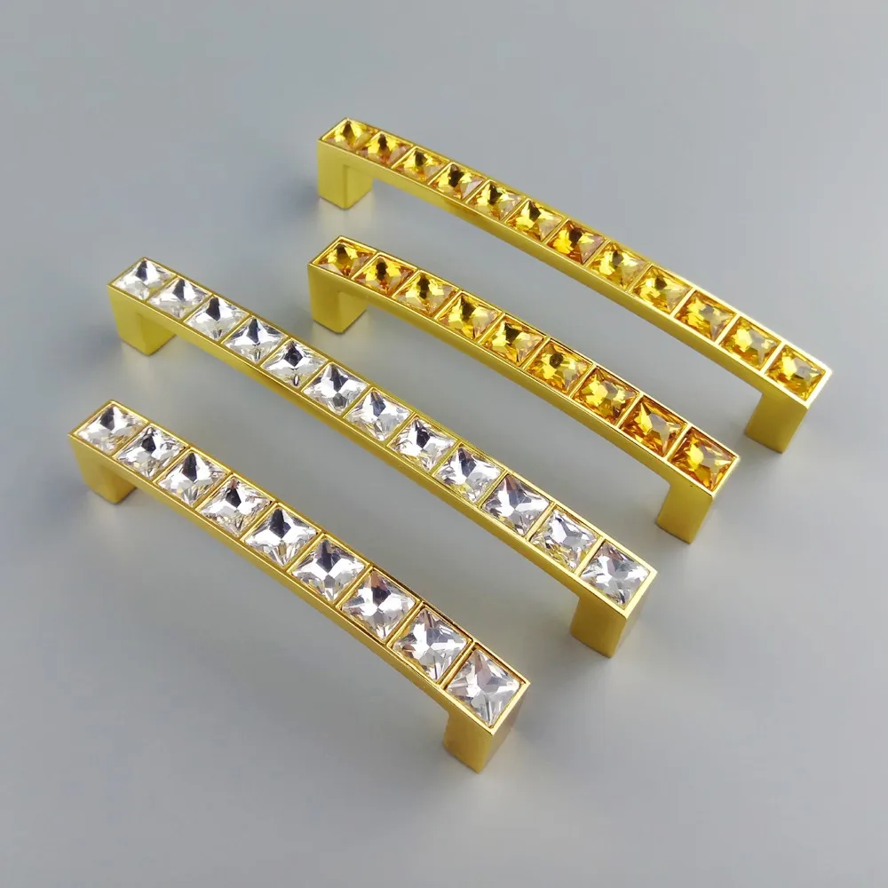 Real Crystal Glass Diamond Gold Handle Furniture Sliding Door Drawer Knob Wardrobe Kitchen Cabinets Cupboard Dresser Pull Handle