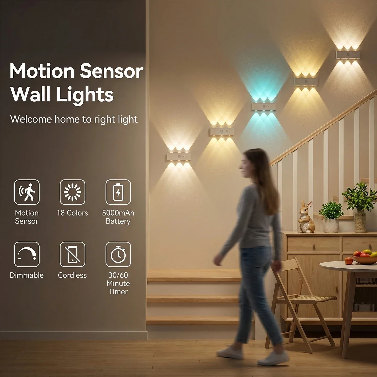 Magnetic Motion Sensor Wall Lamp, Detachable USB Rechargeable LED Night Light, Up & Down Lighting 18 Colors Dimmable Stair Light for Corridor Closet Indoor