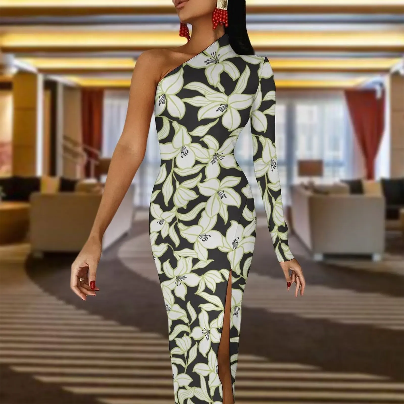 Elegancka kwiecista obcisła sukienka Kobiece kwiaty Drukuj Kawaii Maxi Sukienka Jedno ramię Party Niestandardowe sukienki Prezent urodzinowy