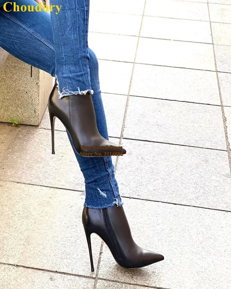 Women Nude Black Burgundy Stiletto Heels Ankle Boots Top Quality Matte Leather Pointy Toe Dress Shoe Gladiator Motorcyle Boo