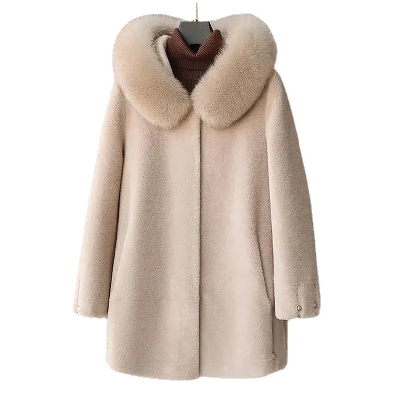 Abrigos de oveja con capucha para mujer, abrigo de piel auténtica, chaquetas de lana para mujer, E618, 2024