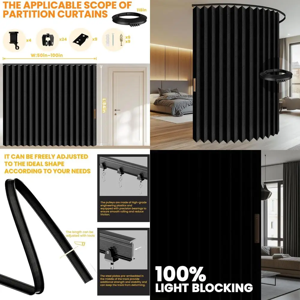 

Затемняющие звукоизоляционные аккордеонные шторы для перегородки комнаты, потолочная дорожка в комплекте, идеально подходят для спальни и патио, черные, 100,