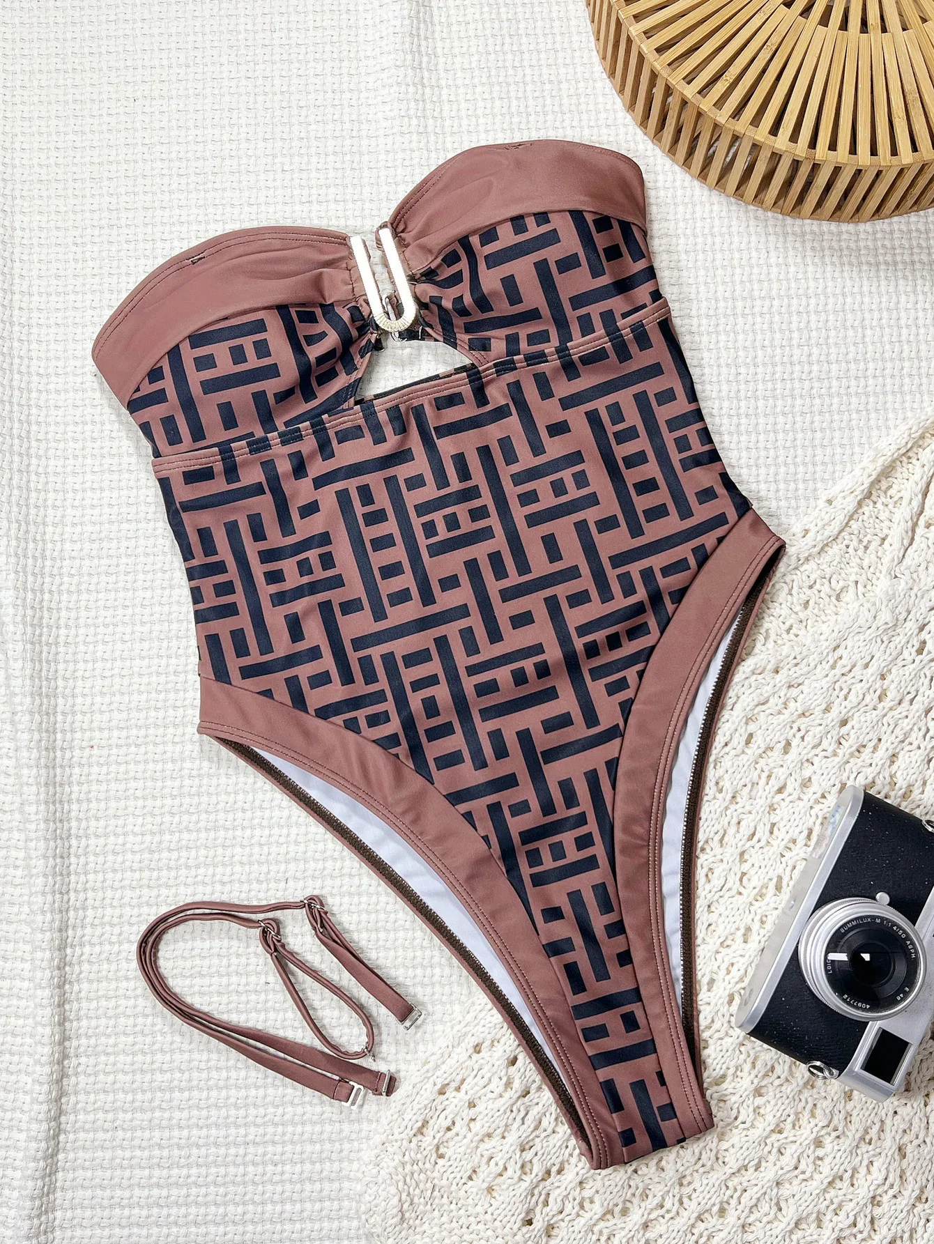 Vintage Bandeau Swimwear Women 2026 Coffee Plaid Metal U Neck Hollow Out Tummy Control One Piece Swimsuit Holiday Bathing Suits