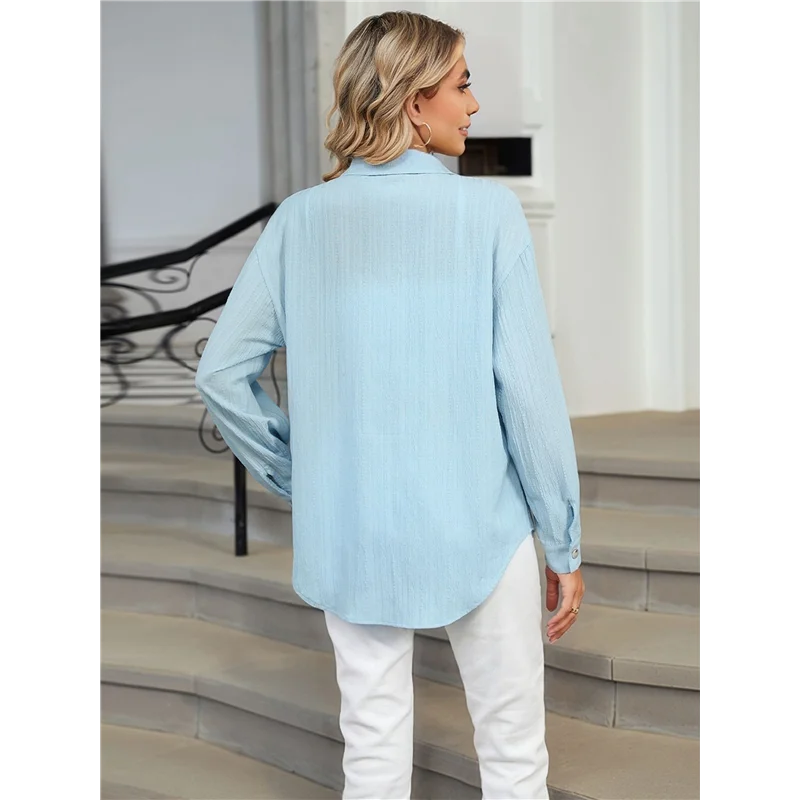 

【SEE】Womens Button Down Shirts Long Sleeve Textured Collared Work Blouse Dressy Casual Tops With Pocket