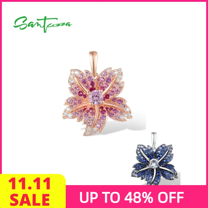 

SANTUZZA Authentic 925 Sterling Silver Pendant For Women Sparkling Blue Pink Color Lily Flower Delicate Wedding Fine Jewelry