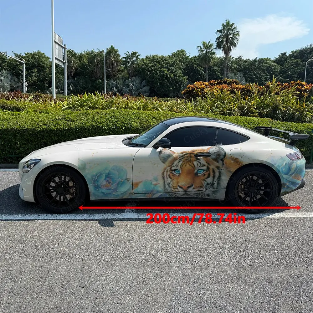 2pcs Blue-Eyed Tiger with Blue Peonies Car Side Wraps, Self-Adhesive PVC Waterproof & Scratch-Resistant Stickers, Car Accessory