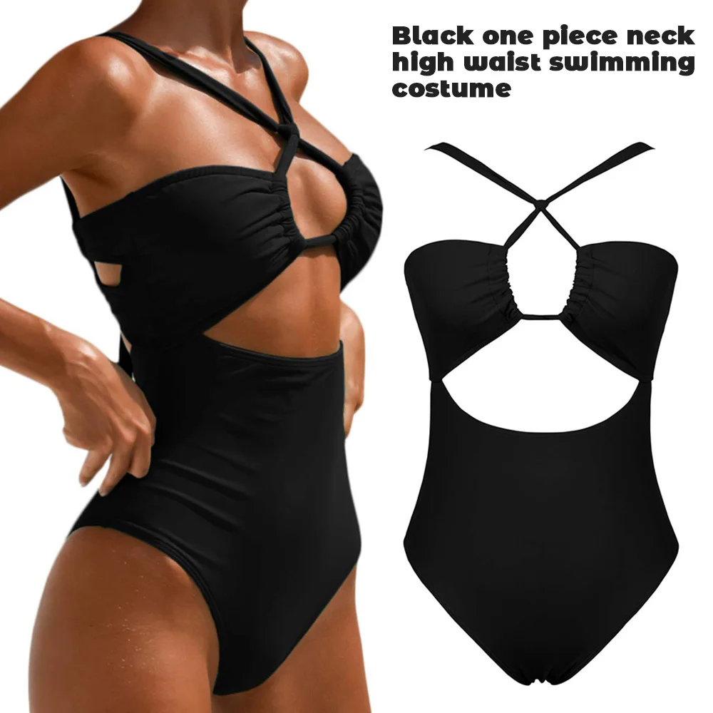 Frauen einteiliges Badeanzüge Hohe Taille Backless Hängen Hals Black Bademode Weiche Material Einfach zu Tragen Komfortable Riemen bikini