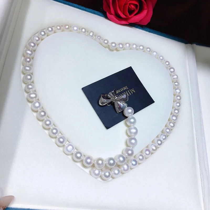 

Natural Freshwater Pearl Necklace for Women Korean Style8-9mmBowknot Clasp Extendable Chain Fashion Elegant Simple Collarbone Ch