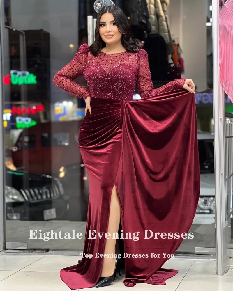 Eightale Luxury Evening Dress Saudi Arabic Long Sleeves Velvet Sequin Formal Mermaid Wedding Prom Gown Hochzeits Kleid