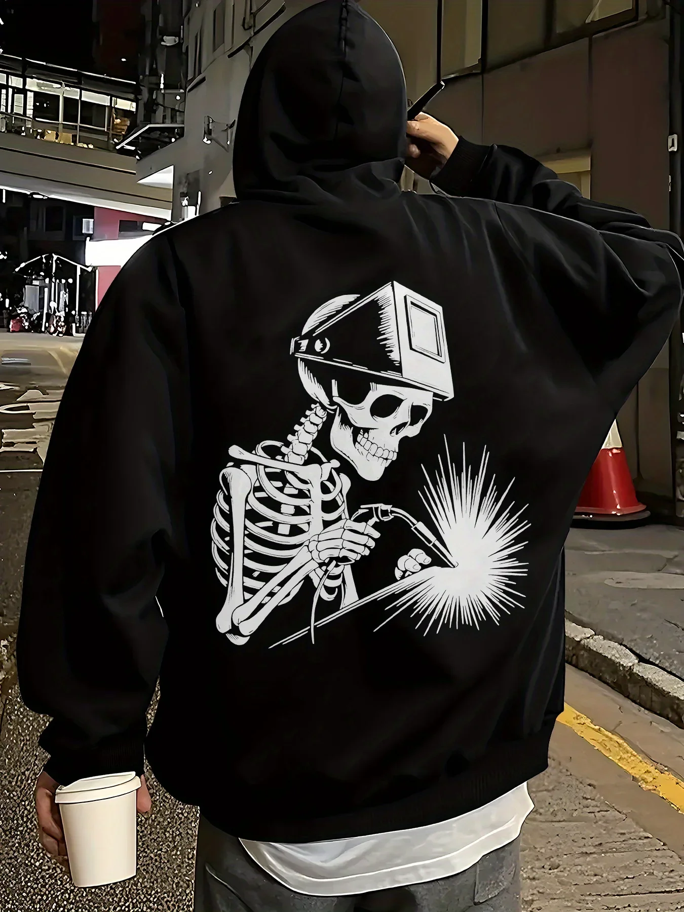 Unisex Fleece Hoodie Skeleton Welder Welding Spark Graphic Back Print Loose Pullover Sweatshirt Autumn Winter