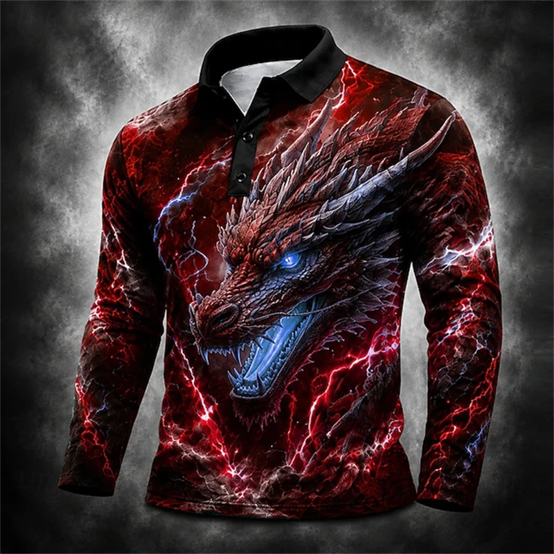Men's Autumn Long-Sleeve Collared Polo Shirt Cool Dragon Print Button Detail Loose Casual Trendy Outdoor Street-Style Top