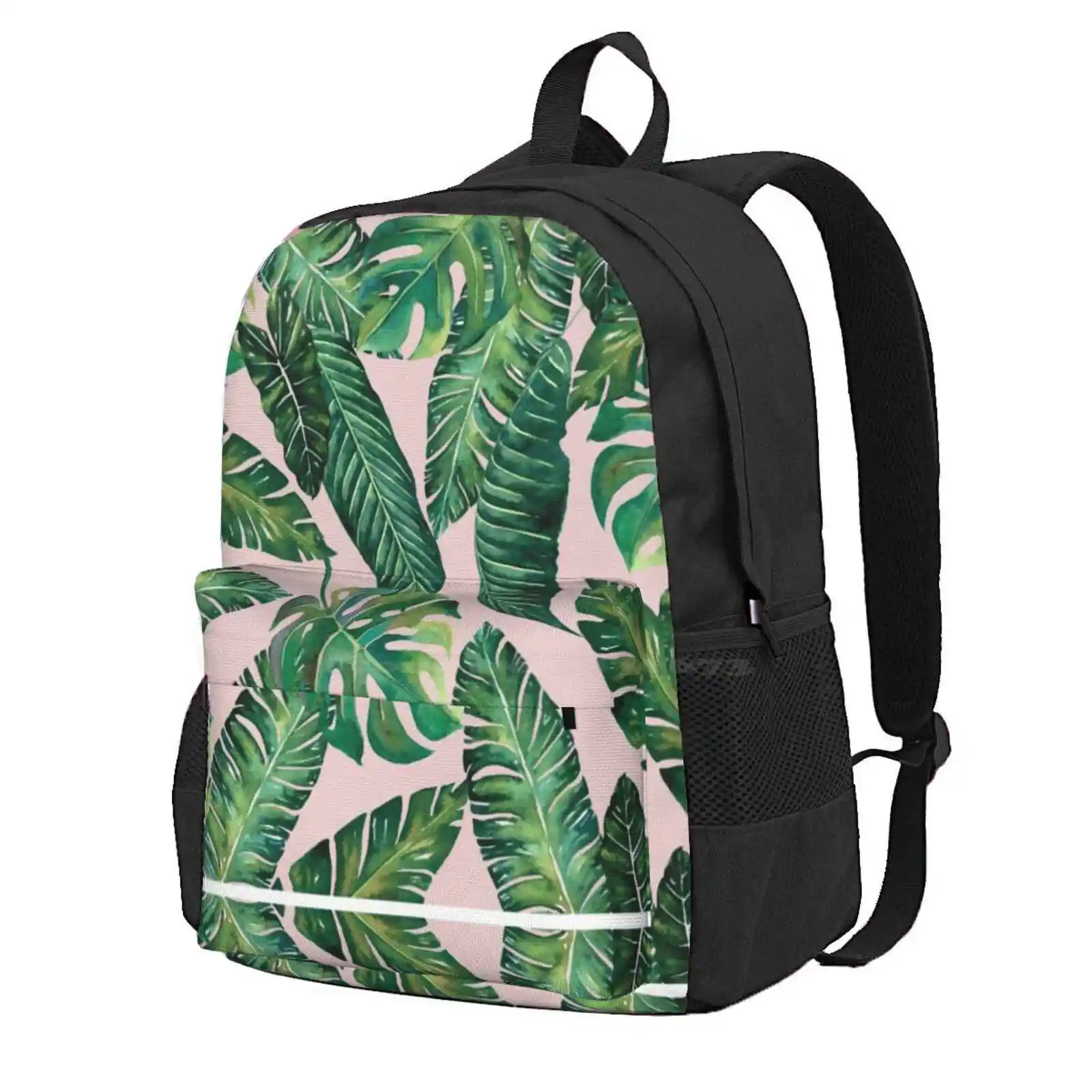 Jungle Leaves, Banana, Monstera Pink Hot Sale Schoolbag Backpack Fashion Bags Ink Pattern Watercolor Banana Monstera Jungle