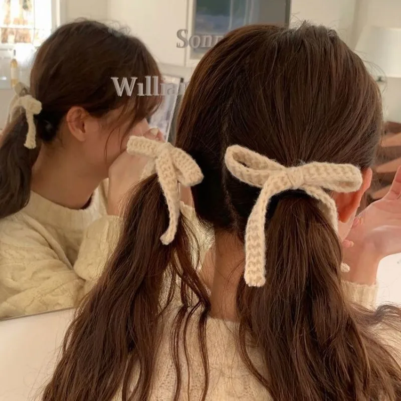 Colored Woolen Bow Hair Tie Scrunchies Headwear for Girls Korea Sweet Knitted Ribbon Ponytail Elastic Hair Band Hair Accessories