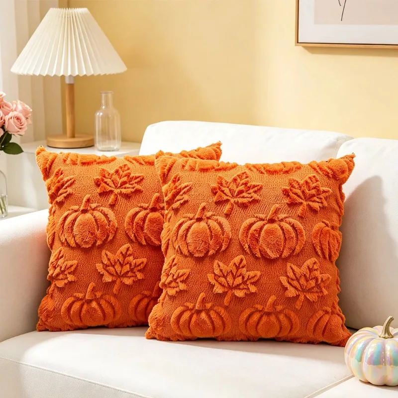 Fall Pumpkin Maple Leaf Plush Throw Pillow Cover Orange 3D Fluffy Cushion Case Thanksgiving Autumn Sofa Home Decor Pillowcase