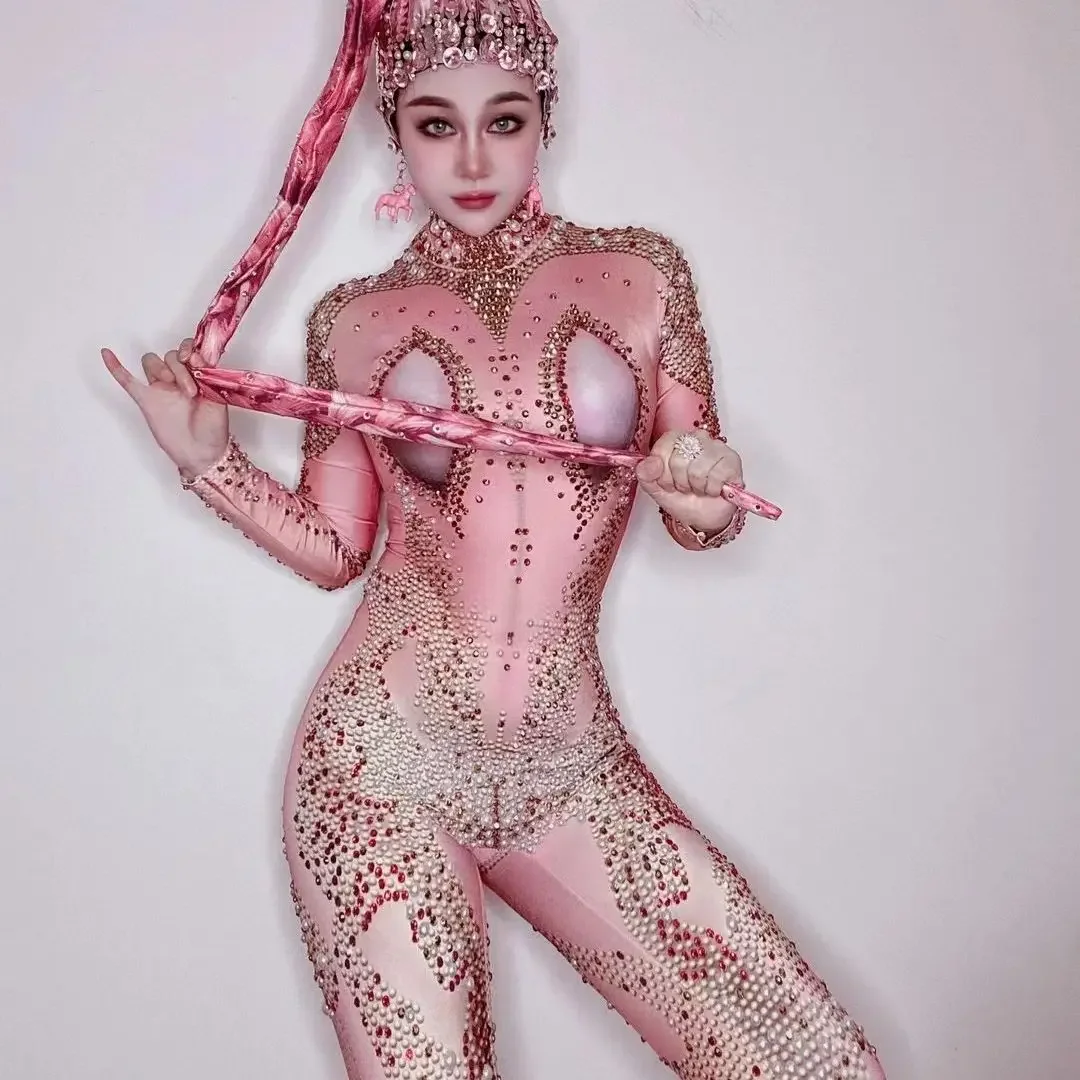 

Pink Diamond Jumpsuit Bodycon Birthday Party costume Ballroom Evening Festival wear Rhinstone Prom Showgirl performance outfit