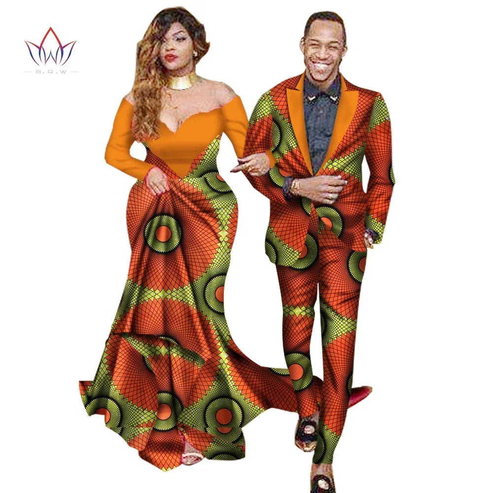 African Sweet Lovers Matching Couples Clothes Gift Valentine\' Day Long Sleeve Women Maxi Dresses and Mens Jacket Suits WYQ40