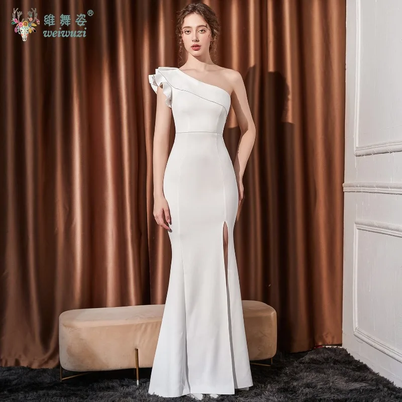 

Vintage Fashion Sexy Unilateral Rotator Cuff Lace Dress Retro Hot Exquisite High Slit Fishtail Skirt Evening Party Fancy Gown