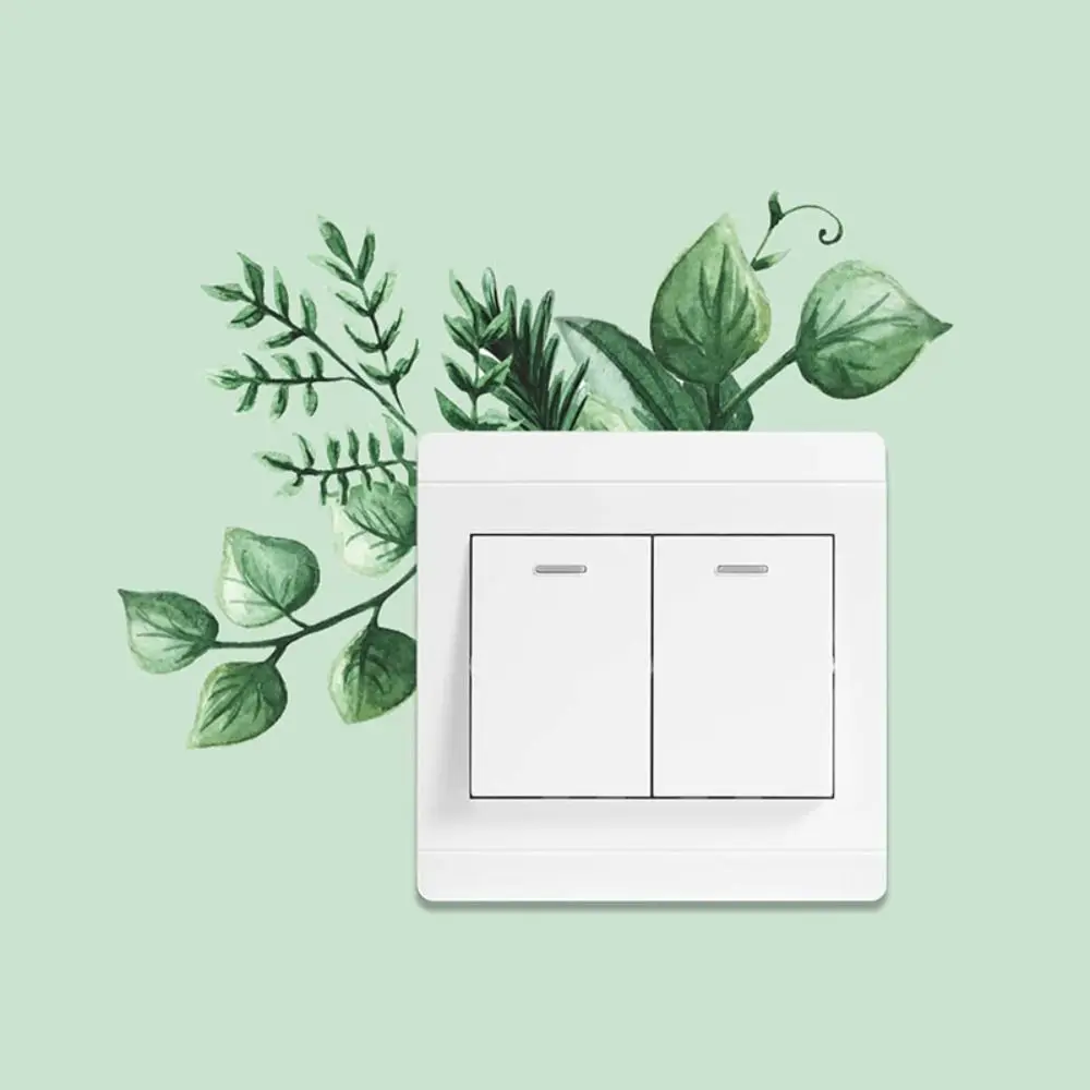 Elegant Plant Flower Switch Sticker Long Lasting Wall Art Green Leaves Plants Sticker PVC Self-adhesive Living Room