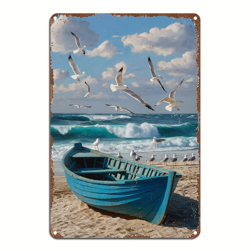 Room Decor  Vintage Nautical Beach Scene Aluminum Wall Art Sign - Seagulls,Boat Design, Easy to Hang, Durable, Long-Lasting, Ide