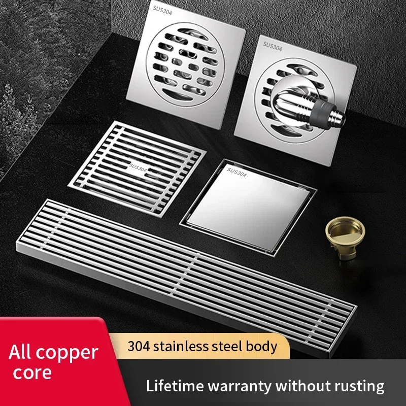 

304 stainless steel floor drain thickened deodorizer bathroom bathroom sewer washing machine all copper universal floor drain