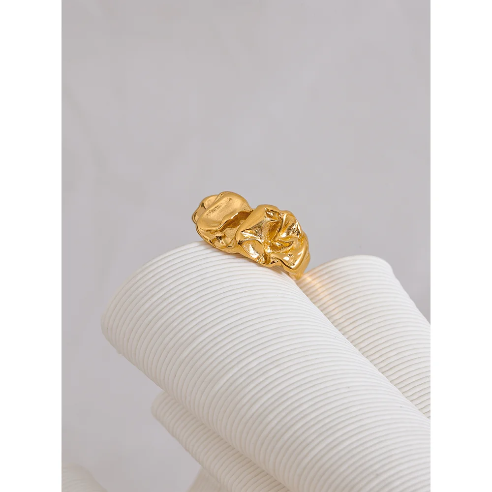 Yhpup Neue Edelstahl Kreative Metall Breiten Ring für Frauen Gold Farbe Textur Temperament Schmuck Wasserdichte Zubehör