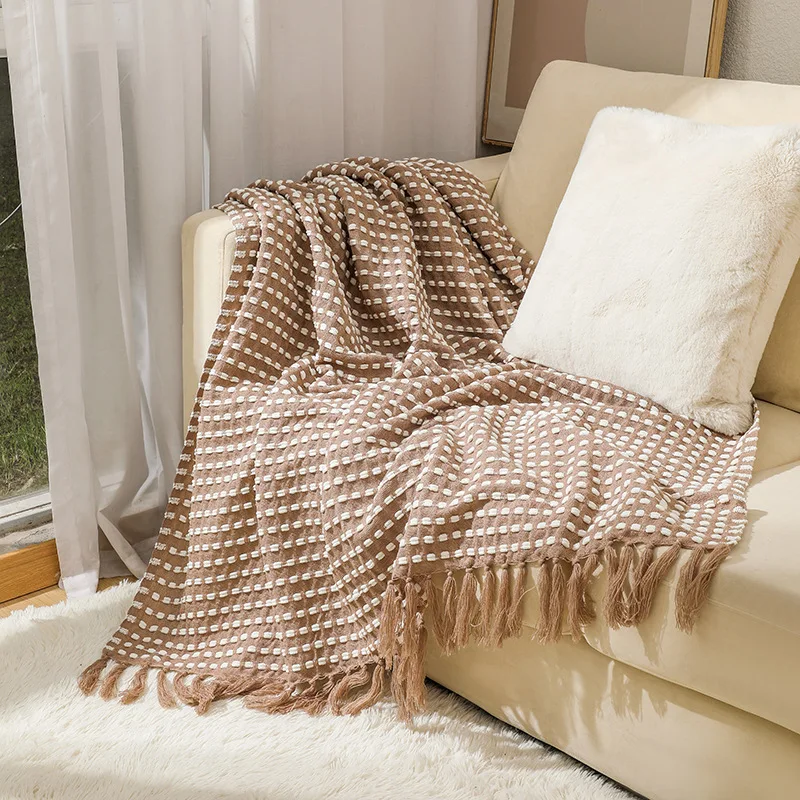 Khaki Nordic Knitted Checkered Throw Blankets Plaid Tassels Sofa Sheet for Summer Knitted Shawl Sofa Blanket  Office Nap deken