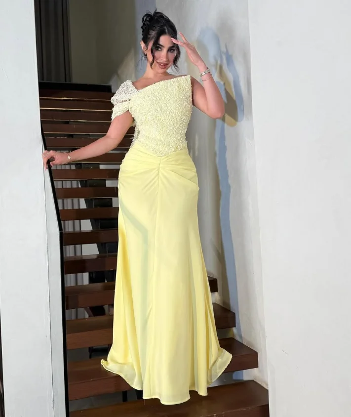 Customized High Quality Sleeveless Floor Length Zipper One Shoulder Yellow Beaded Wrinkle Women Sequin Mini Dress  Kleid Grün