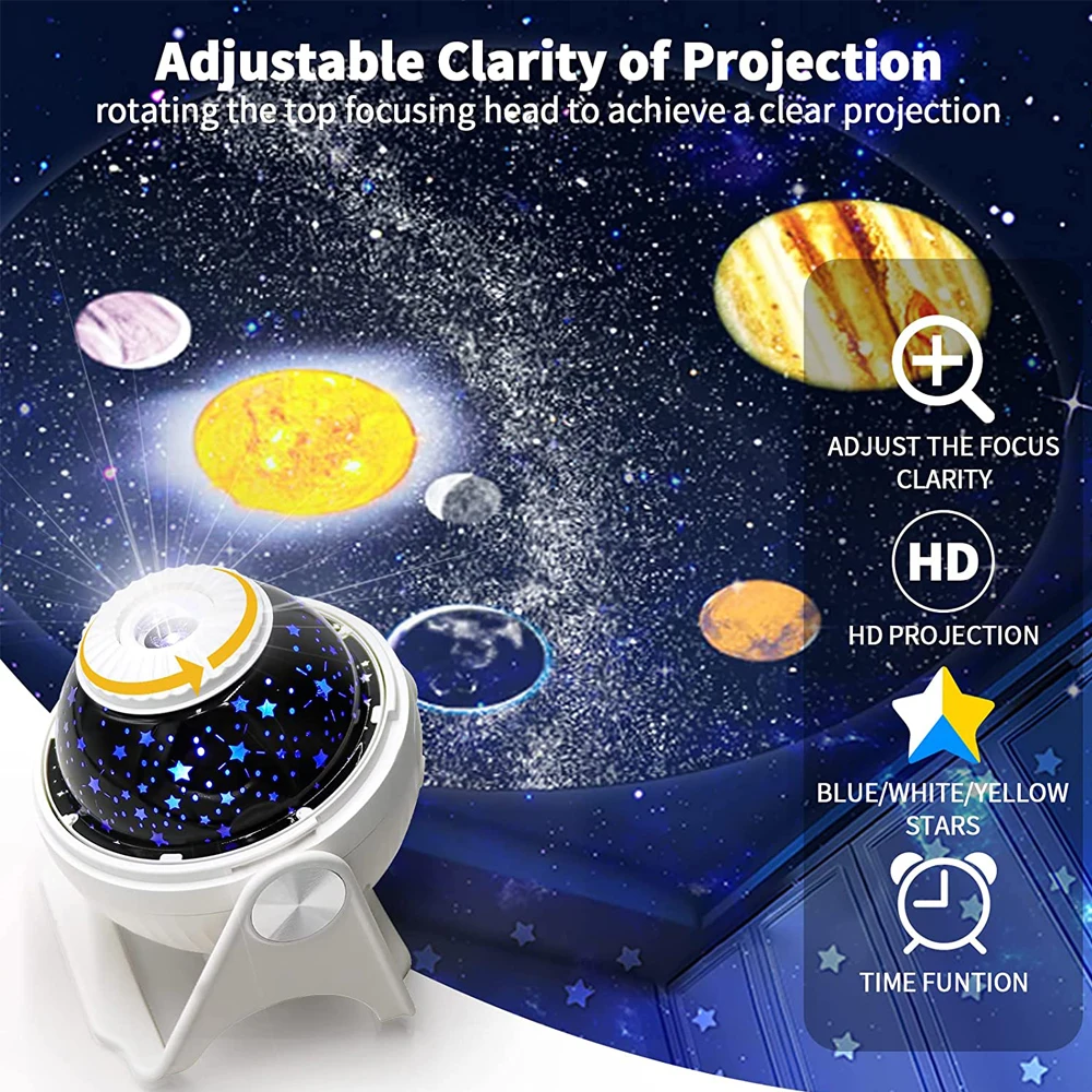 Luzes de projetor planetário LED Galaxy Star Projeção Lâmpada 7 em 1 com Nebulosa Lua Planeta Aurora 360 Rotação Focagem