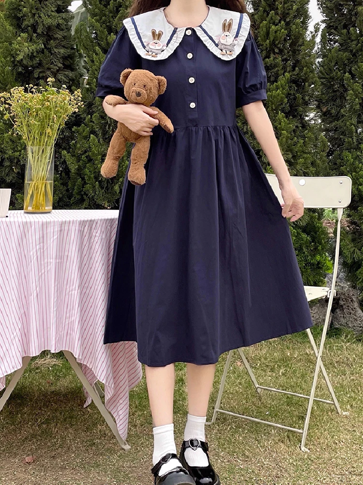 

Korean Fashion Soft Girly Elegan Dresses Women Japanese Style Cartoon Embroidery Peter Pan Collar Short Sleeve Mid Dress Clothes