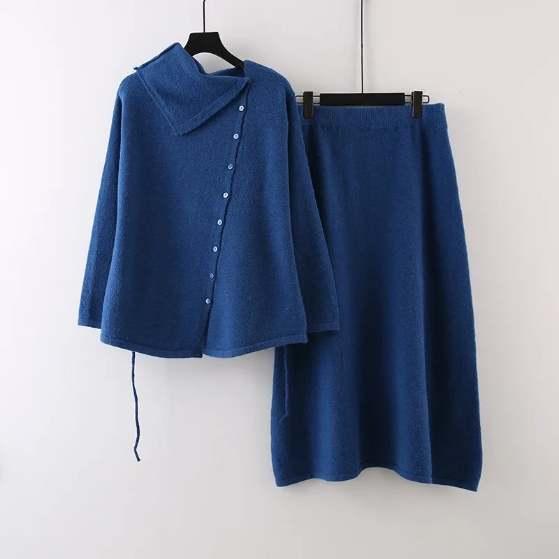 Skirts Suit Autumn Winter New Fashion Design Lazy Style Loose Lace-up Sweater Knitwear Mid-length Skirt Women Two-piece Suits