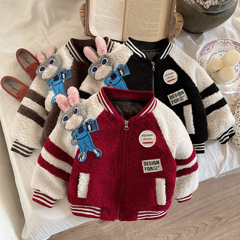 Autumn Kid Jackets Fashion Versatile Trendy Cotton Clothes Cartoon Lamb Wool Handsome Baseball Clothes Warm Comfort Boy Clothes