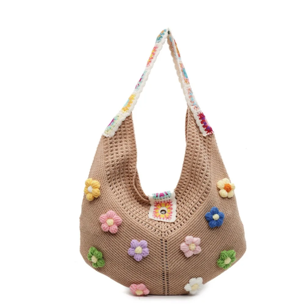 

Милая вязаная сумка с цветочным принтом, большая сумка, пляжная сумка, пляжная сумка, большая вместительная полая сумка на плечо в богемном стиле, летняя