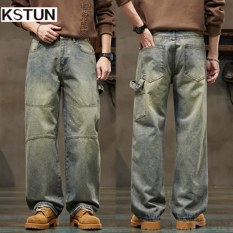 

KSTUN Осенние Americian Ретро мужские джинсы Широкие мешковатые брюки Свободный крой Уличная одежда Мотоциклетные джинсовые брюки Большие лоскутные брюки