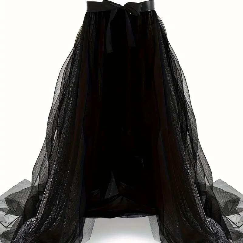 Zwarte semi-transparante mesh-verfraaide rok met striktailleversiering, sexy en sfeervolle midi-rok voor dating- en feeststyling.