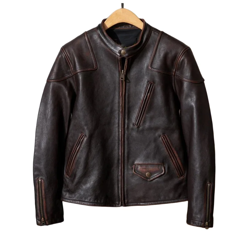

Red Brown Winter Leather Jacket Men Vintage Style Plus Size 5XL Genuine Natural Thick Cowhide Stand Collar Retro Sports Coat
