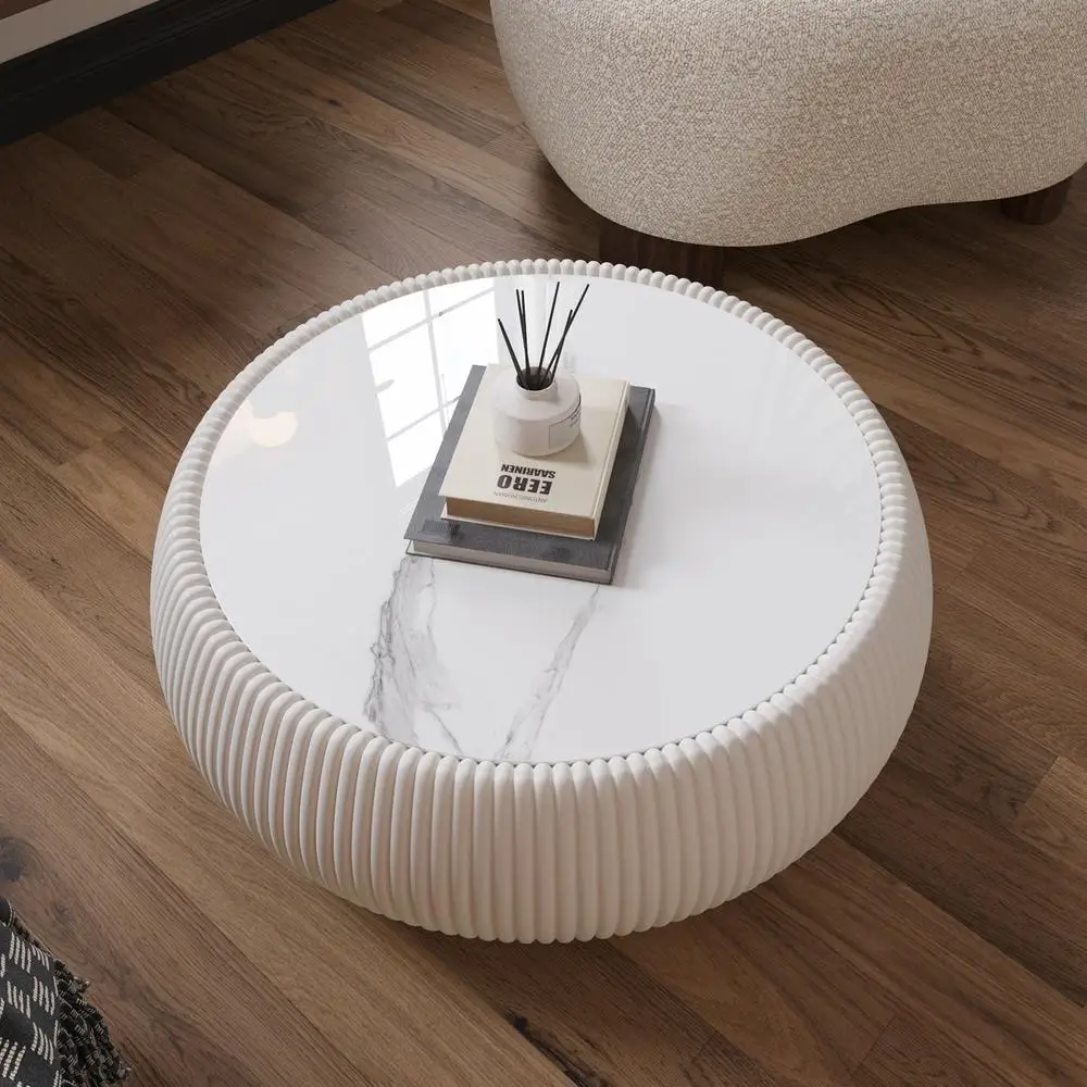 Table basse en cuir en forme de tambour, dessus en marbre clair, Table d'appoint de canapé moderne, aucun assemblage requis