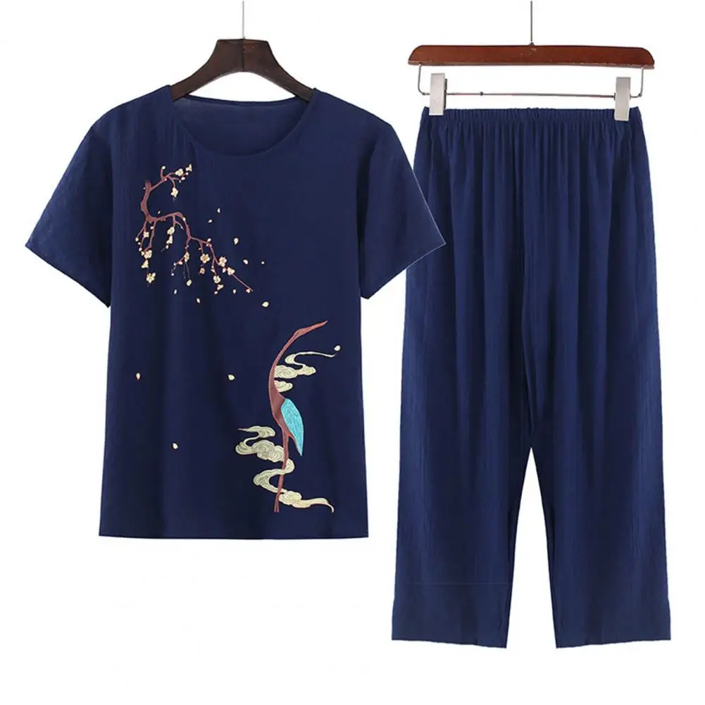 Women Two Piece Resort Suits Elegant Mid-aged Women's Pajama Set with Printed O Neck T-shirt Wide Leg Pants for Mother